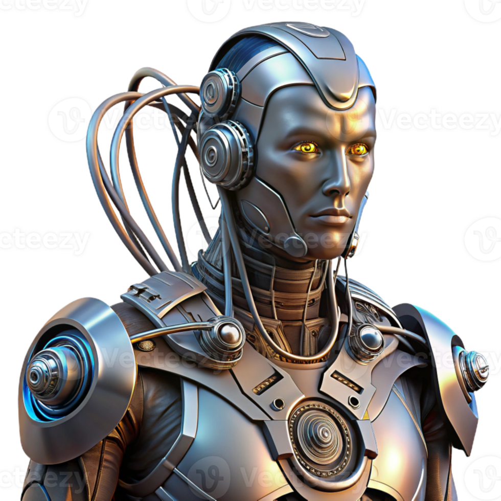 serene vintage A cyborg with intricate mechanical augmentations, brushed steel and glowing wires, dramatic Rembrandt lighting, dystopian style authentic png