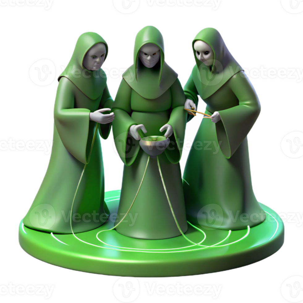 elegant vintage The Fates, three cloaked figures, spinning, measuring, and cutting the thread of life, bathed in an eerie green light. Detailed depiction of their aged faces and hands.... png
