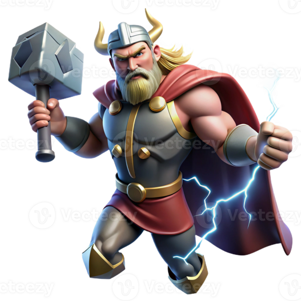 impressive contemporary Thor, the Norse god of thunder, wielding Mjolnir amidst a raging thunderstorm, lightning illuminating his muscular form. Dramatic, cinematic lighting.... png