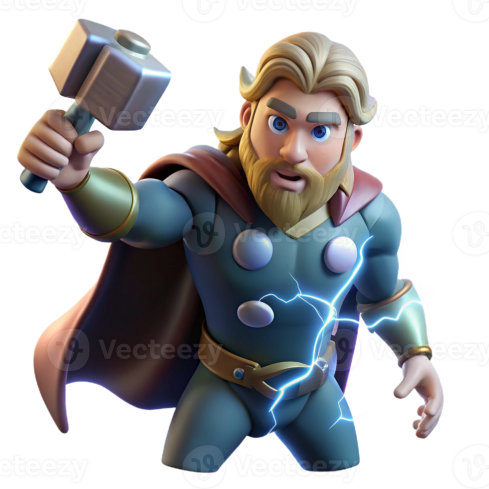 extraordinary contemporary Thor, the Norse god of thunder, wielding Mjolnir amidst a raging thunderstorm, lightning illuminating his muscular form. Dramatic, cinematic lighting.... png