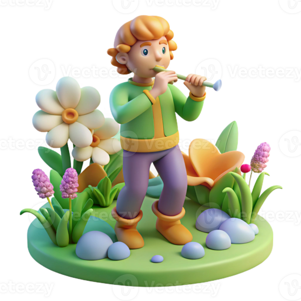 wonderful abstract A whimsical depiction of Pan, playing his flute in a vibrant, flower-filled meadow, dappled sunlight filtering through the trees. Impressionist style detailed png