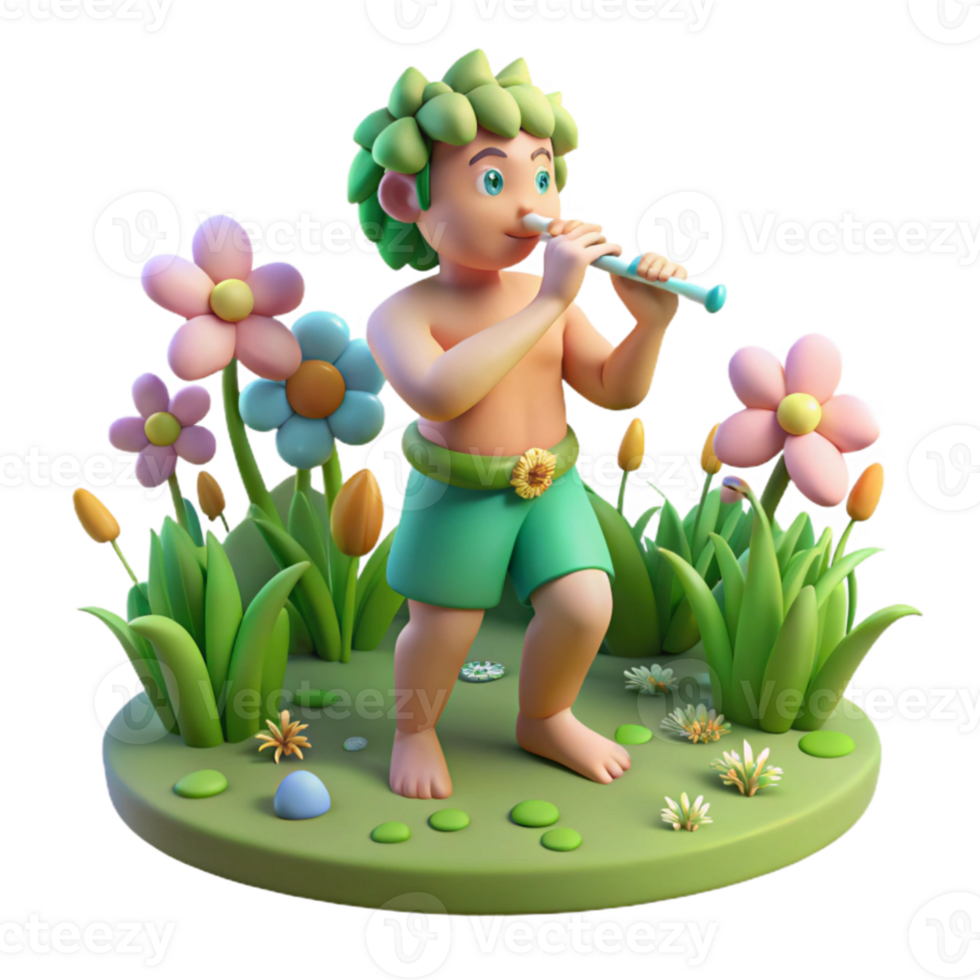vibrant modern A whimsical depiction of Pan, playing his flute in a vibrant, flower-filled meadow, dappled sunlight filtering through the trees. Impressionist style high quality png