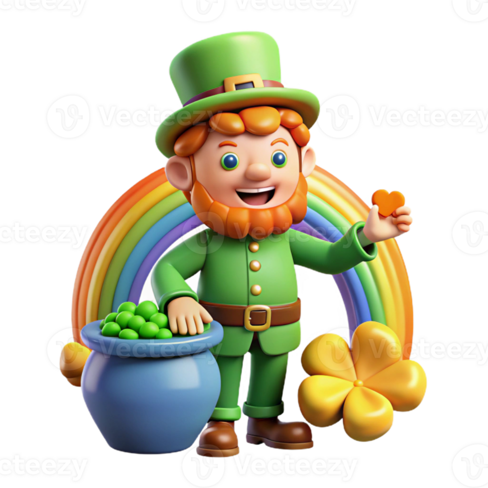 serene vintage A whimsical depiction of a mischievous leprechaun guarding his pot of gold at the end of a rainbow, surrounded by four-leaf clovers. Cartoon style high quality png