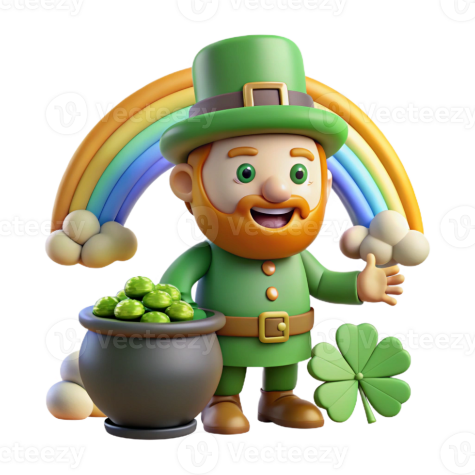 elegant abstract A whimsical depiction of a mischievous leprechaun guarding his pot of gold at the end of a rainbow, surrounded by four-leaf clovers. Cartoon style genuine png