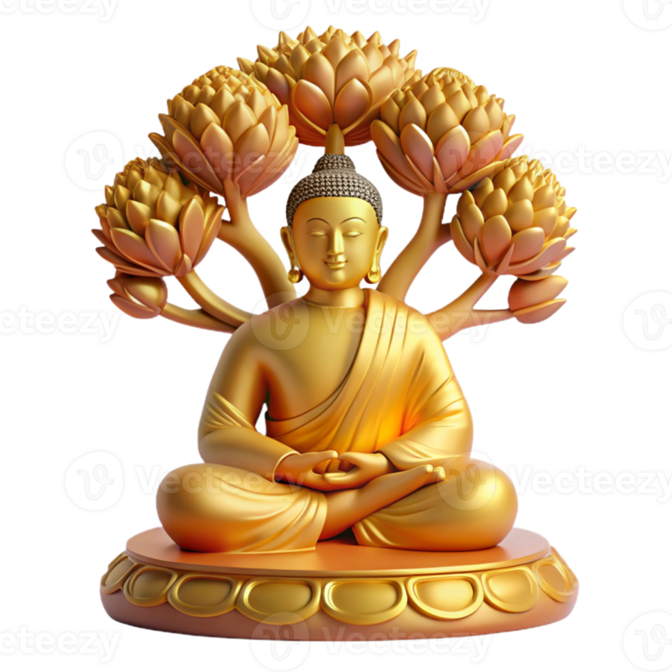 magnificent traditional A serene Buddha meditating beneath the Bodhi tree, bathed in golden light, intricate details in the folds of his robes. Traditional Eastern art style original png
