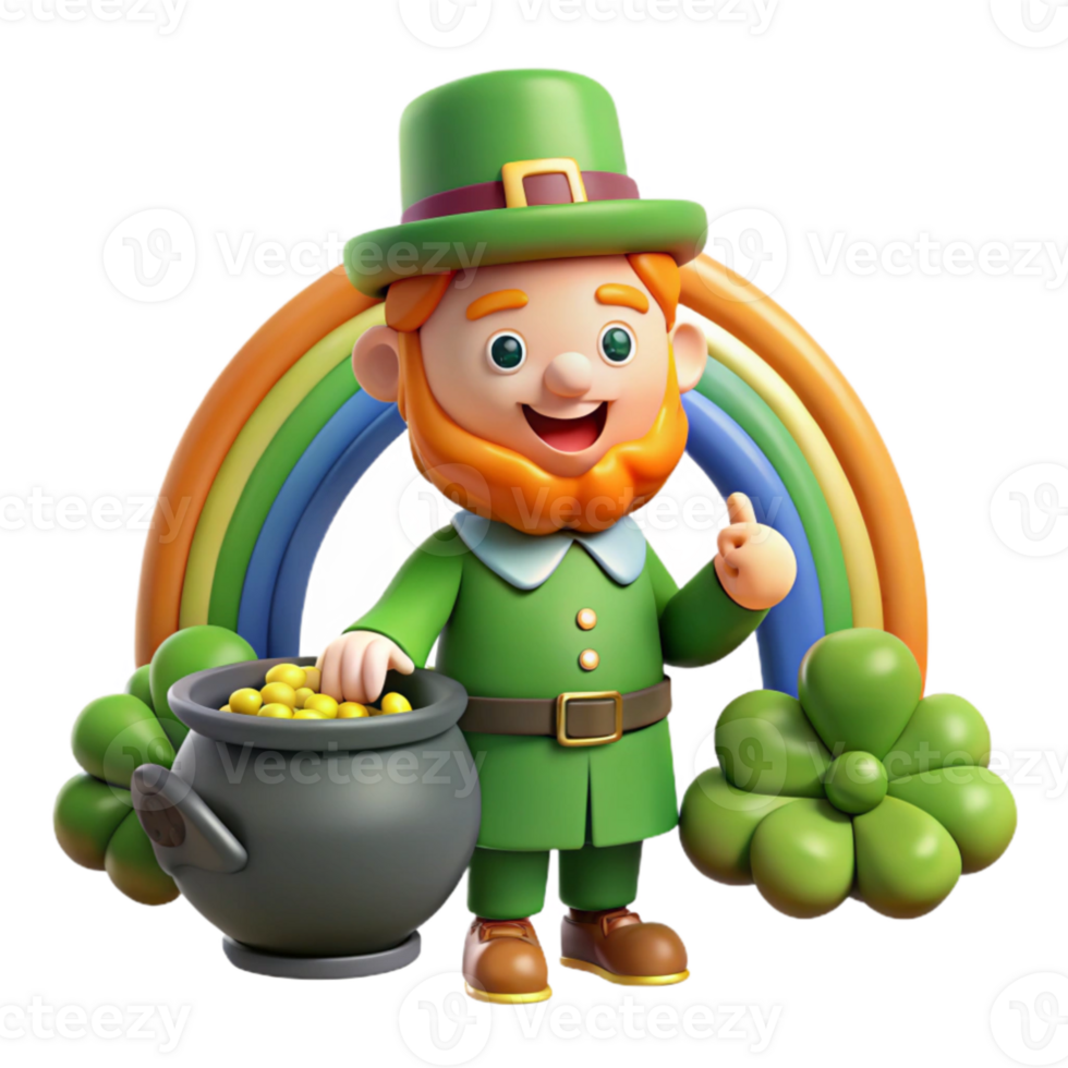 stunning minimalist A whimsical depiction of a mischievous leprechaun guarding his pot of gold at the end of a rainbow, surrounded by four-leaf clovers. Cartoon style high resolution png