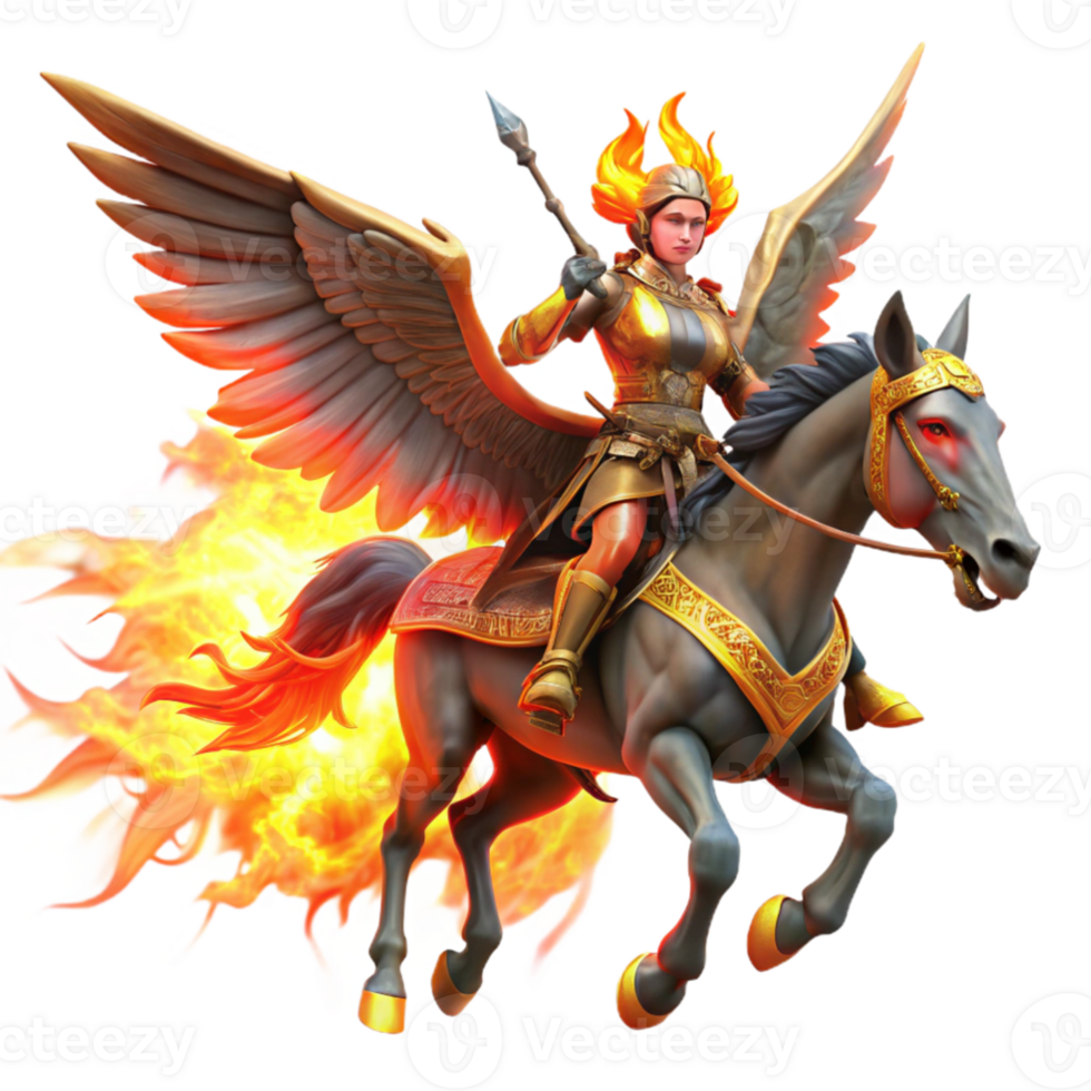 dramatic creative A fierce Valkyrie riding a winged horse across a battlefield, collecting fallen warriors, illuminated by the fiery glow of a burning city. Dramatic, fantasy art style authentic png