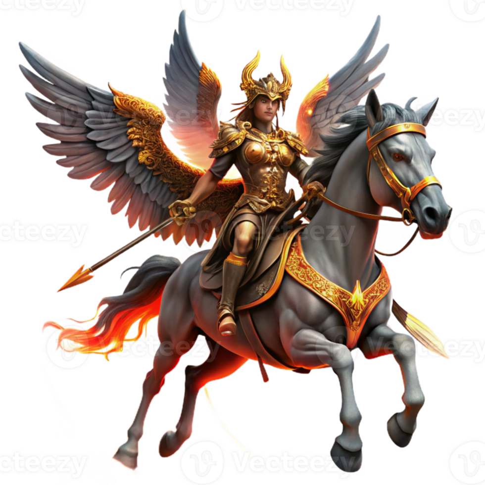 vibrant rustic A fierce Valkyrie riding a winged horse across a battlefield, collecting fallen warriors, illuminated by the fiery glow of a burning city. Dramatic, fantasy art style 4K png