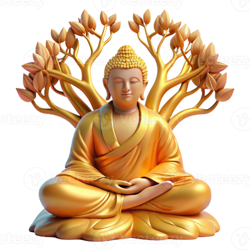 impressive minimalist A serene Buddha meditating beneath the Bodhi tree, bathed in golden light, intricate details in the folds of his robes. Traditional Eastern art style authentic png