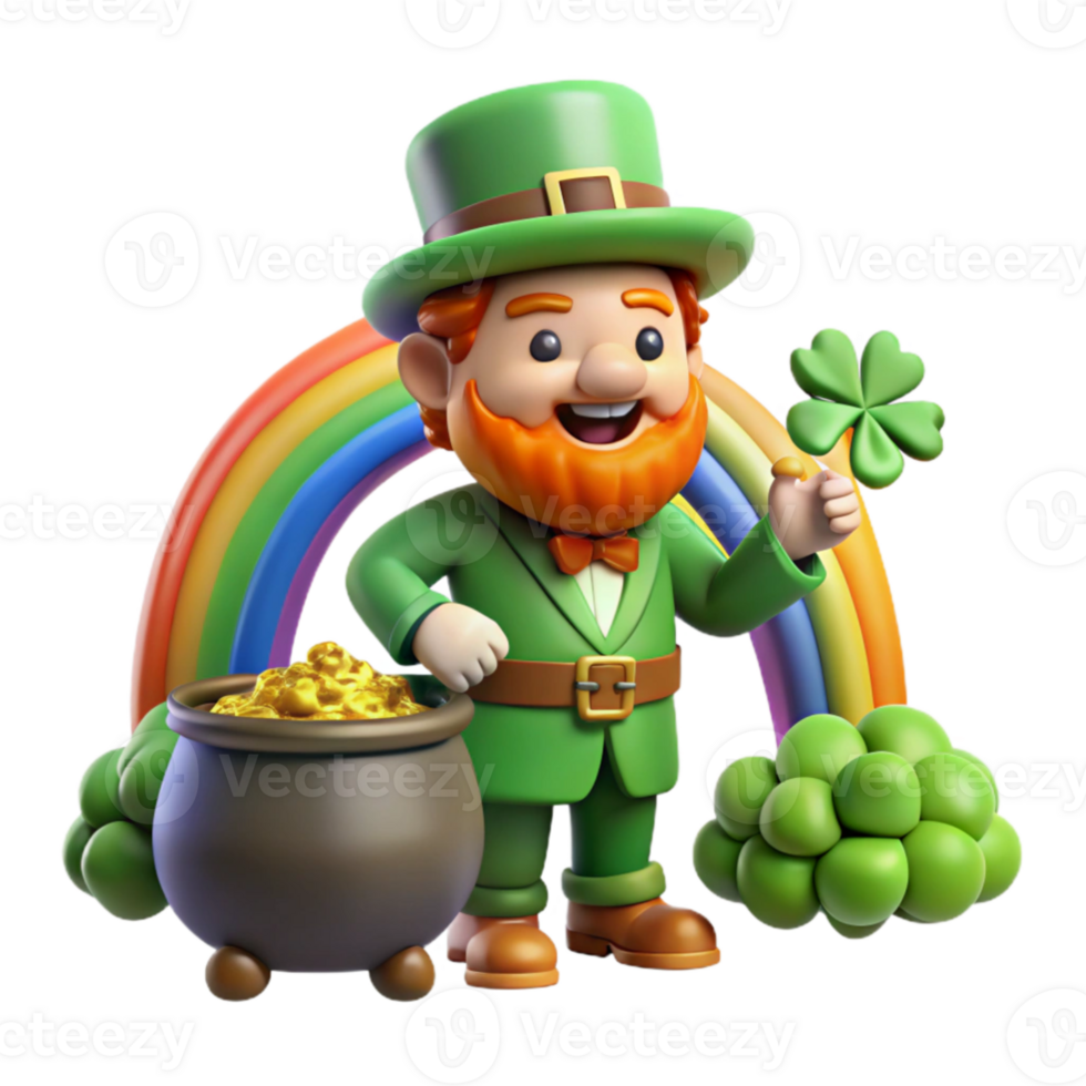 stunning classic A whimsical depiction of a mischievous leprechaun guarding his pot of gold at the end of a rainbow, surrounded by four-leaf clovers. Cartoon style professional png