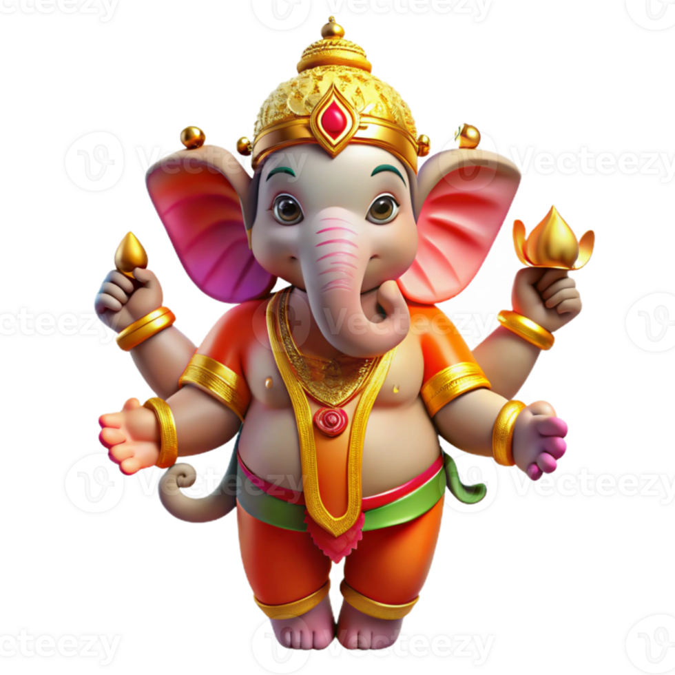 magnificent modern A vibrant depiction of the Hindu god Ganesha, with his elephant head and multiple arms, adorned in colorful garments and jewelry. Bollywood poster style premium png