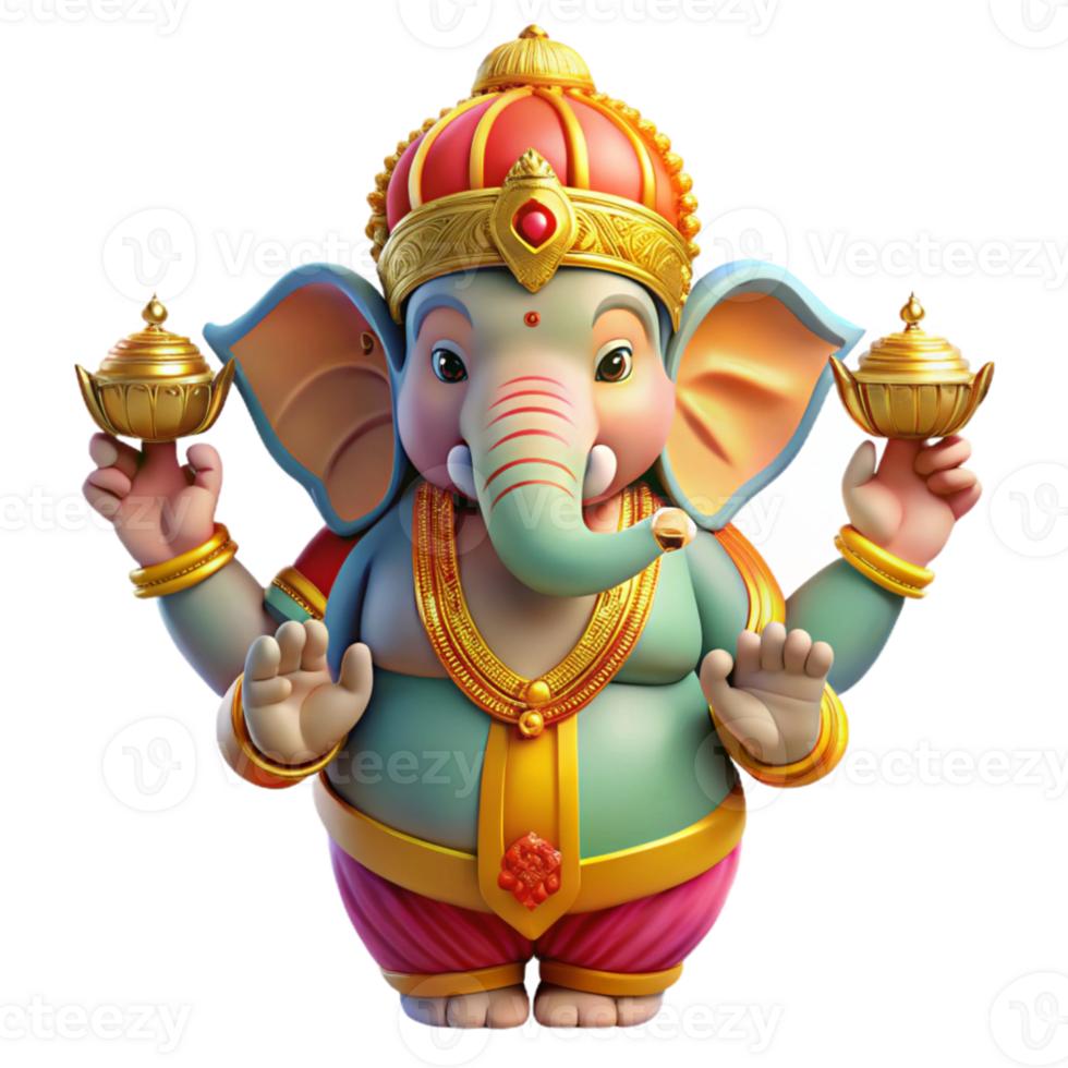 wonderful traditional A vibrant depiction of the Hindu god Ganesha, with his elephant head and multiple arms, adorned in colorful garments and jewelry. Bollywood poster style high quality png