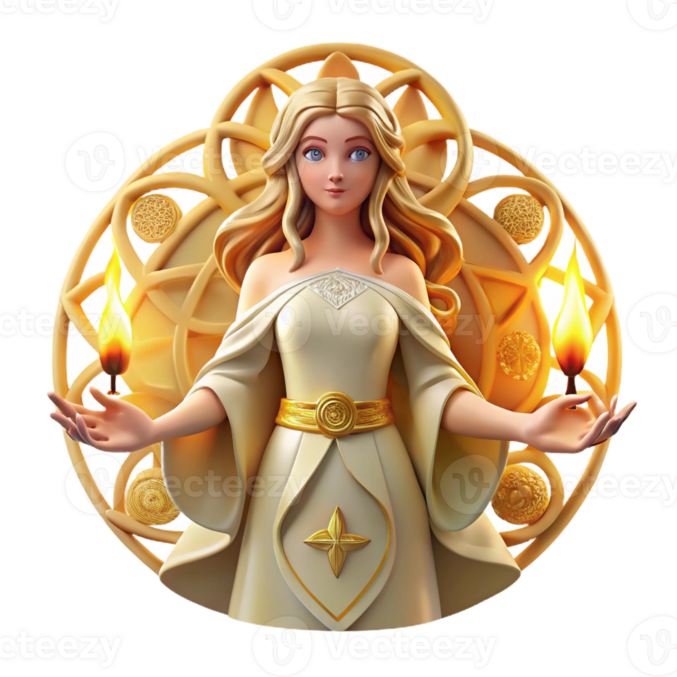 wonderful creative A ethereal depiction of the Celtic goddess Brigid, surrounded by symbols of fire, healing, and poetry, bathed in a warm, golden light. Celtic knotwork patterns in her clothing.... png