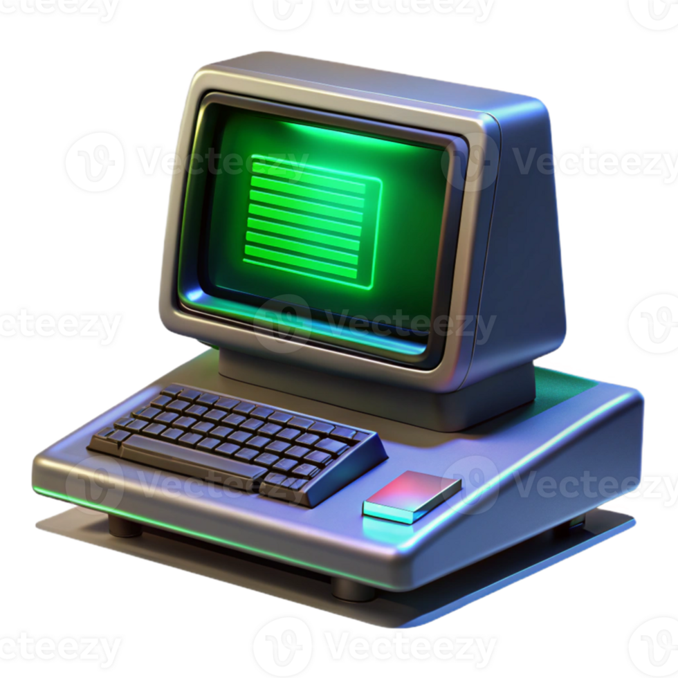 elegant abstract A vintage computer terminal, displaying green text on a black screen, sits on a sleek, metallic desk, illuminated by the cool, blue light of the monitor.... png