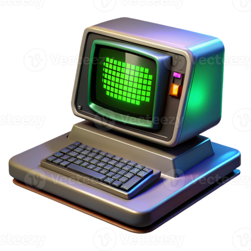 dramatic abstract A vintage computer terminal, displaying green text on a black screen, sits on a sleek, metallic desk, illuminated by the cool, blue light of the monitor.... png