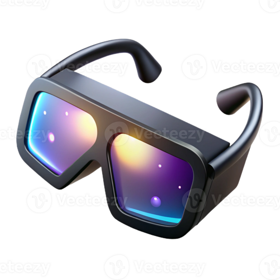 elegant abstract A pair of augmented reality glasses, with sleek, black frames and glowing, holographic displays, floats in mid-air, illuminated by soft, diffused white light.... png