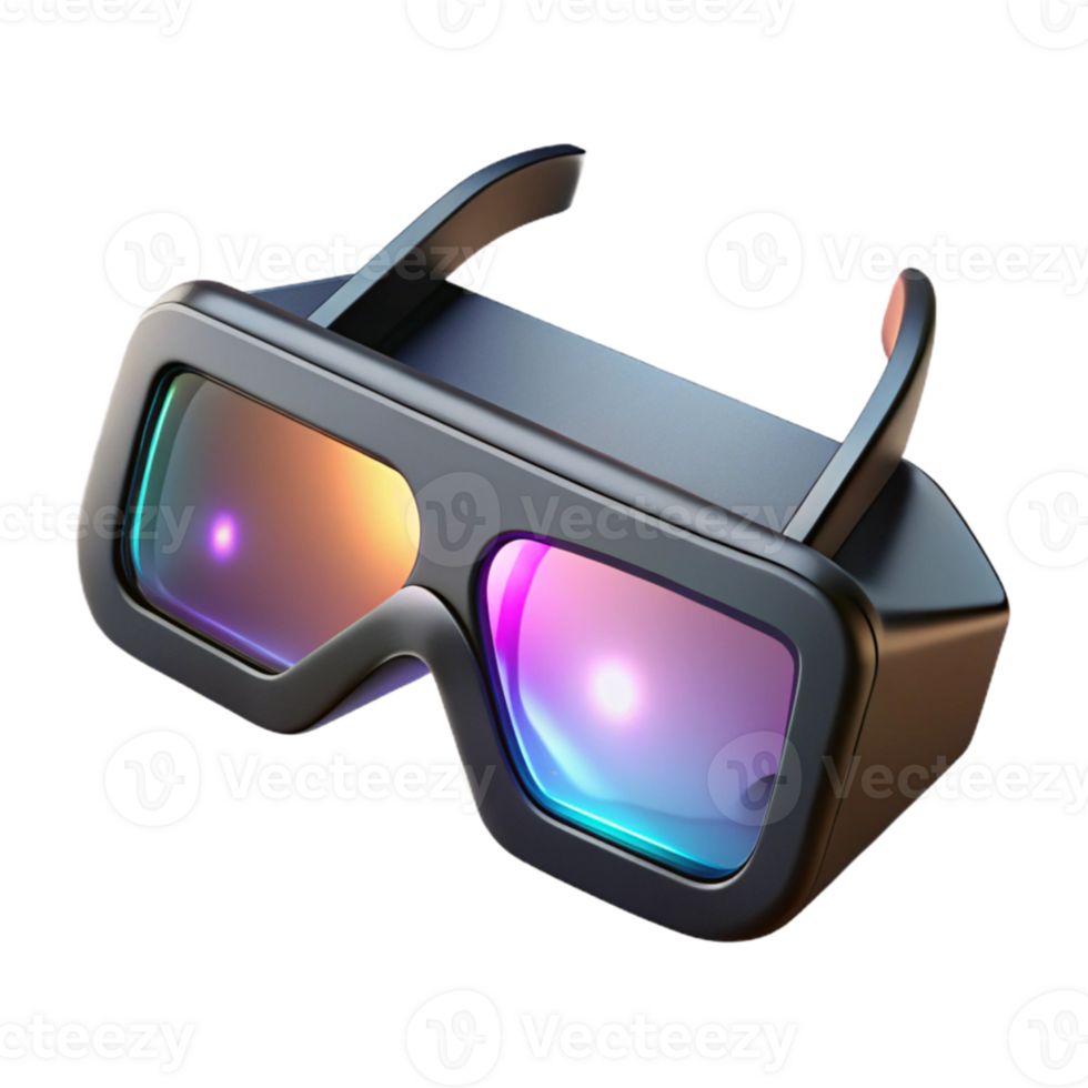 serene modern A pair of augmented reality glasses, with sleek, black frames and glowing, holographic displays, floats in mid-air, illuminated by soft, diffused white light.... png