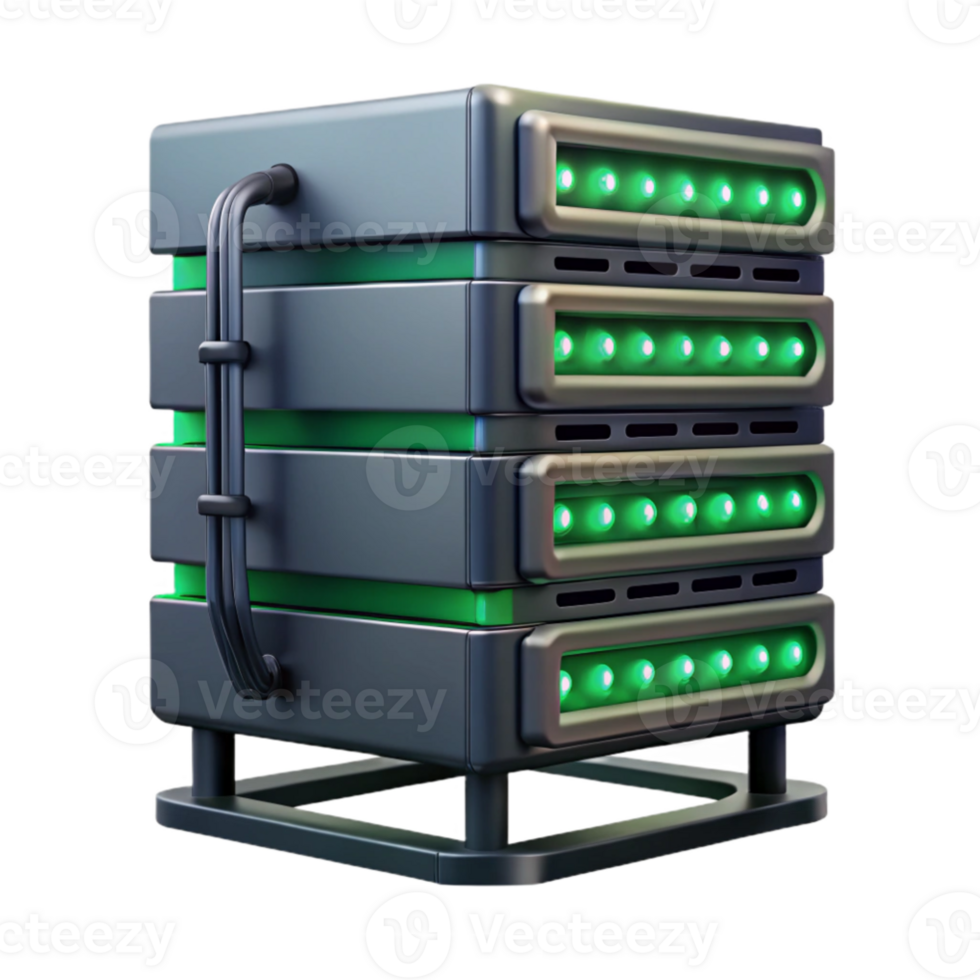 elegant modern A towering server rack, humming with activity, cables cascading down its sides, illuminated by the flickering, green light of LEDs. Industrial style, dark and moody lighting 4K png