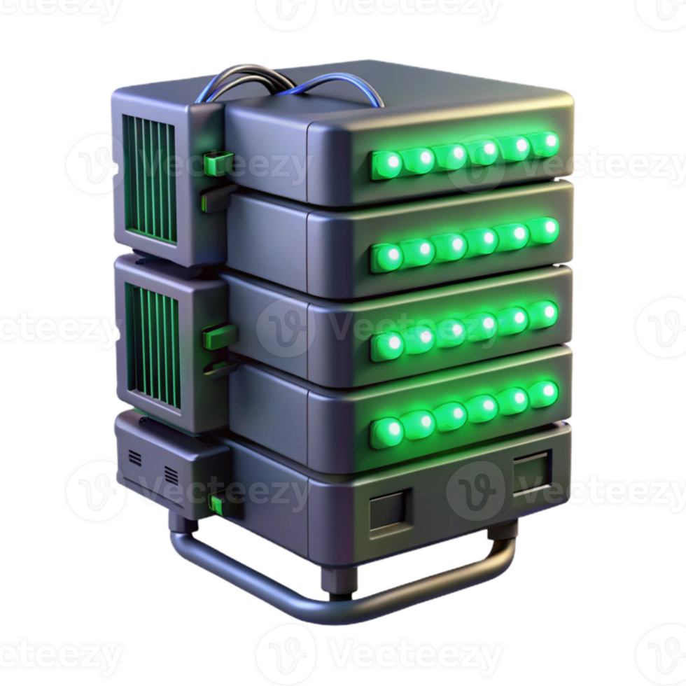 impressive classic A towering server rack, humming with activity, cables cascading down its sides, illuminated by the flickering, green light of LEDs.... png