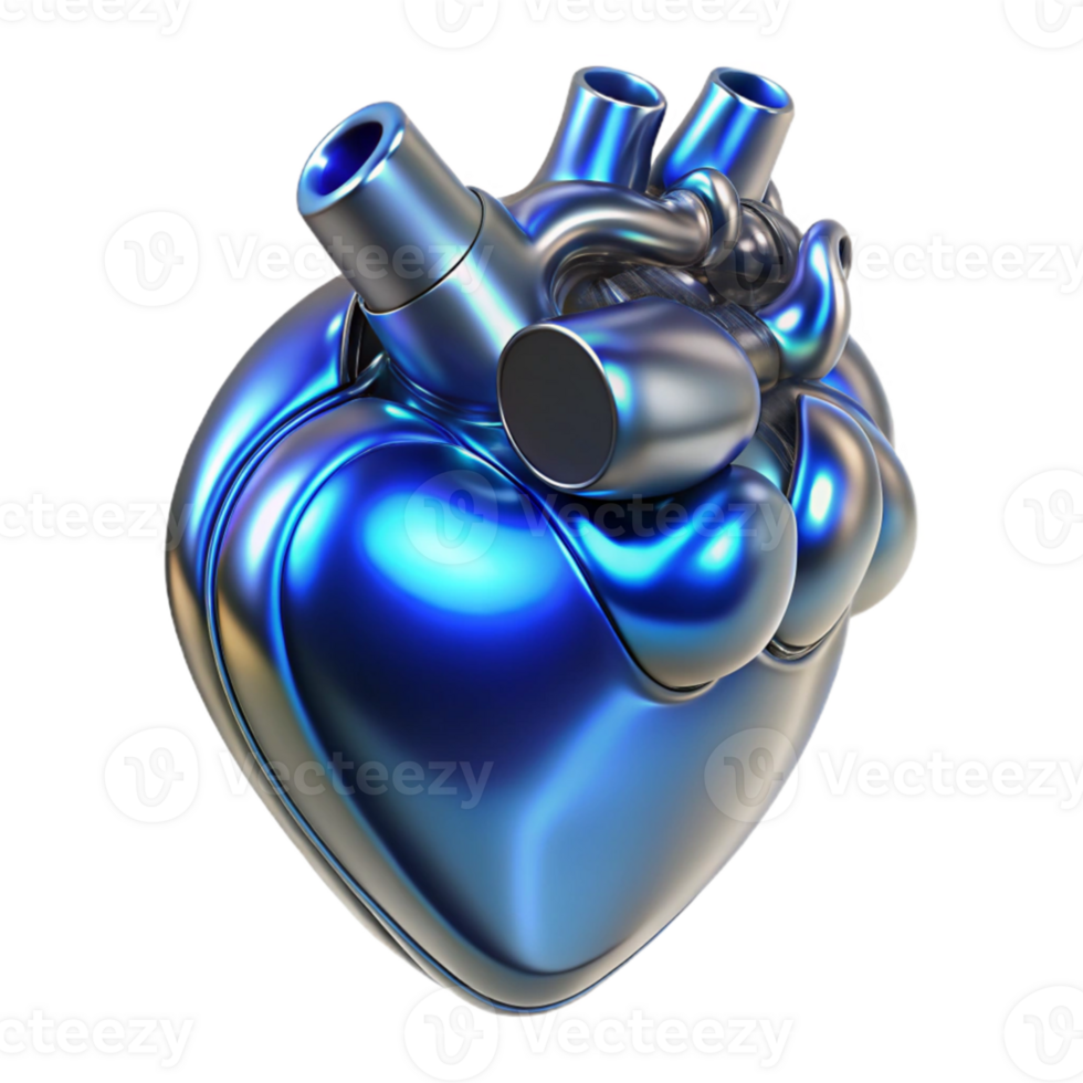 beautiful modern A biomechanical heart, made of polished chrome and pulsating with blue energy, floats in mid-air, illuminated by a dramatic, chiaroscuro lighting.... png