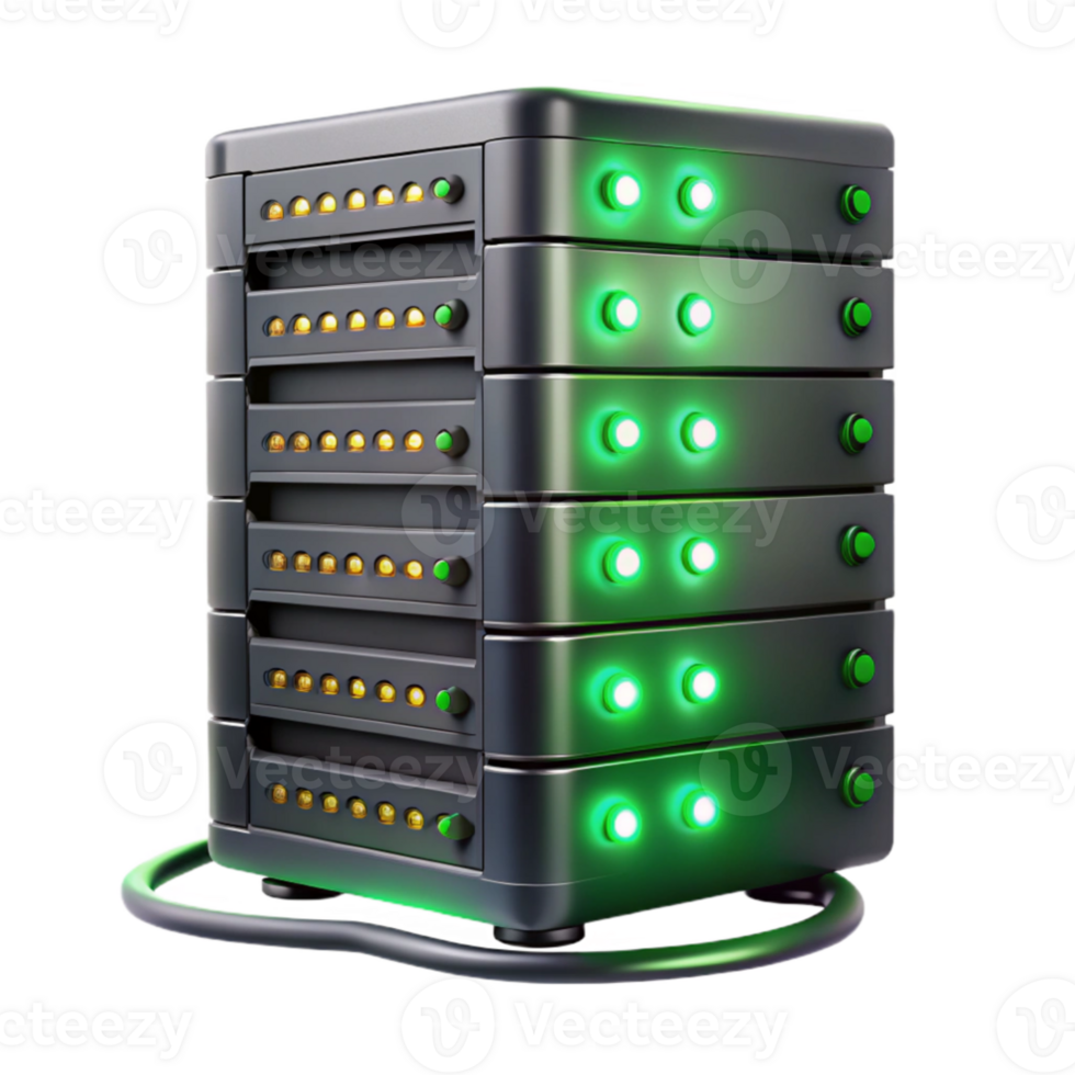 stunning classic A towering server rack, humming with activity, cables cascading down its sides, illuminated by the flickering, green light of LEDs.... png