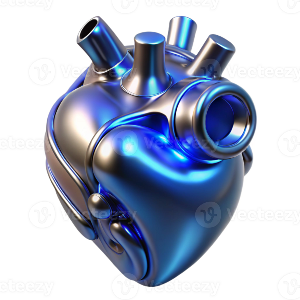elegant modern A biomechanical heart, made of polished chrome and pulsating with blue energy, floats in mid-air, illuminated by a dramatic, chiaroscuro lighting.... png