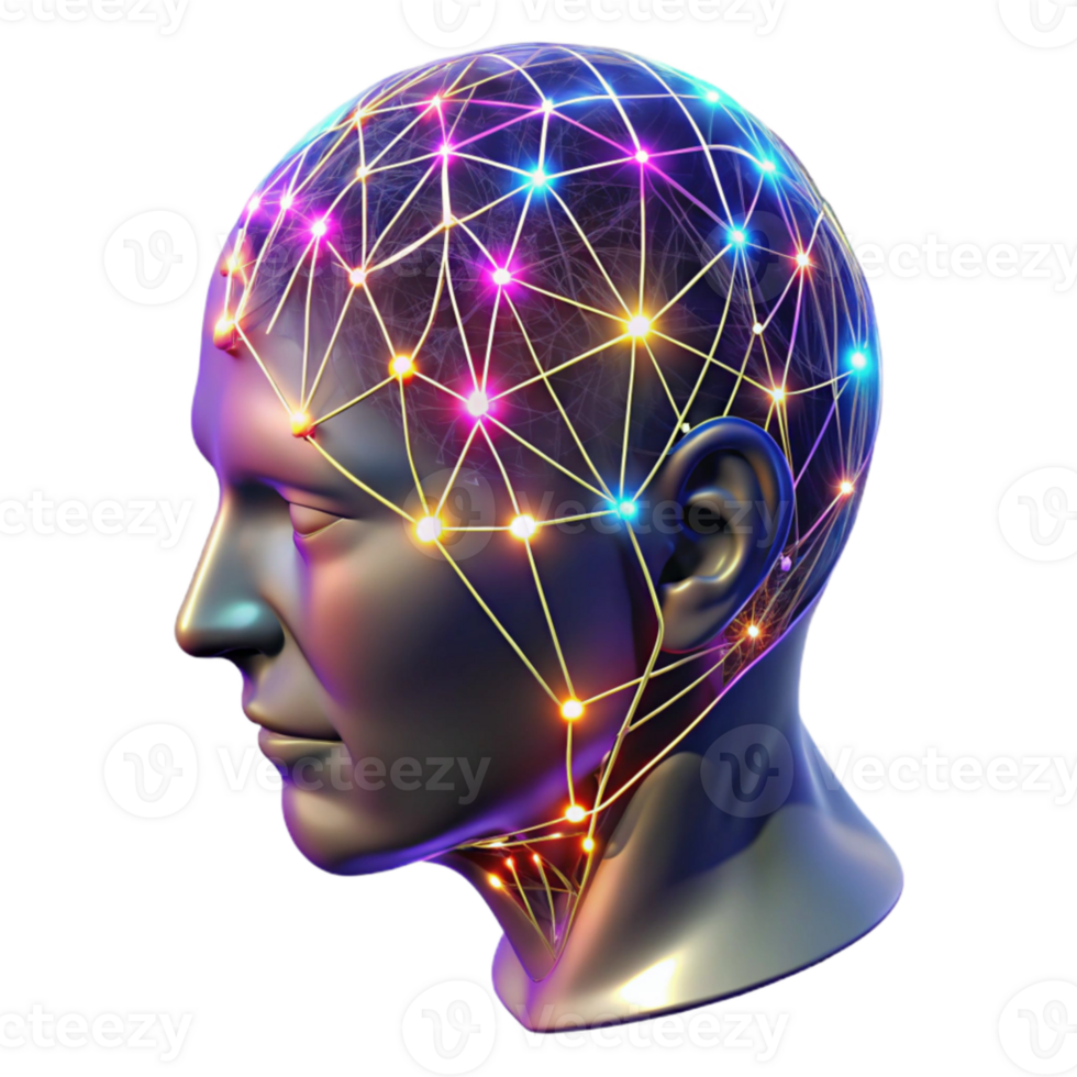 stunning classic A transparent human head, filled with intricate networks of glowing, neural pathways, illuminated by vibrant, multi-colored lights.... png