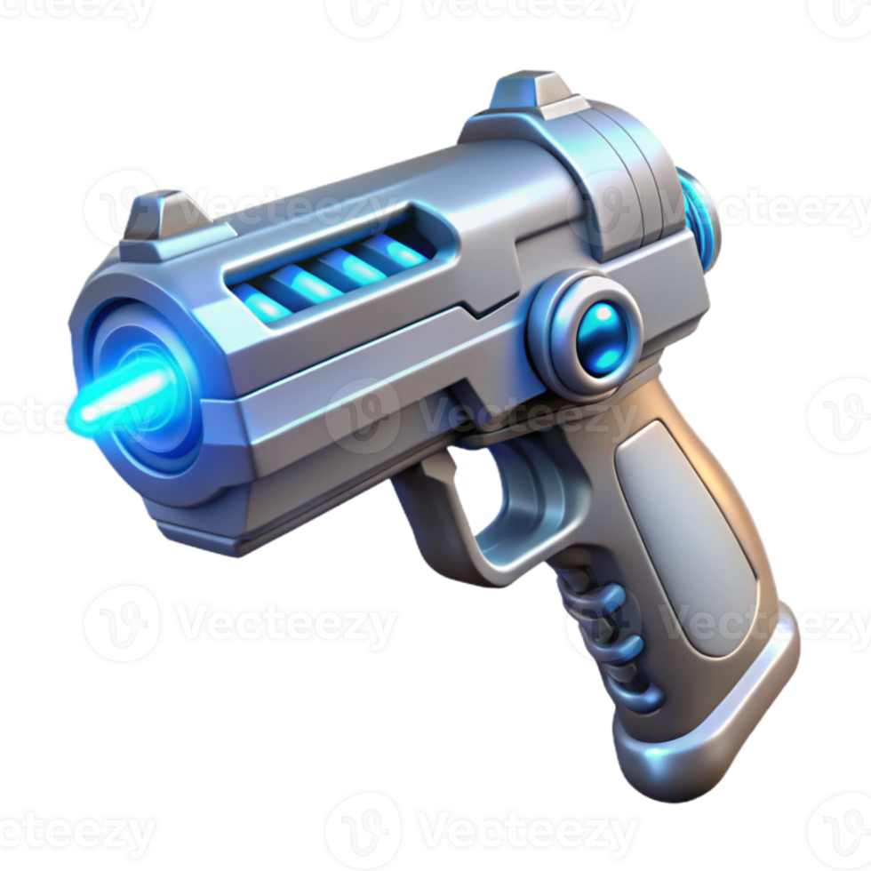 magnificent modern A futuristic weapon, resembling a sleek, silver pistol with glowing, energy coils, floats in mid-air, illuminated by a cool, blue laser sight. Sci-fi style, low-poly render detailed png