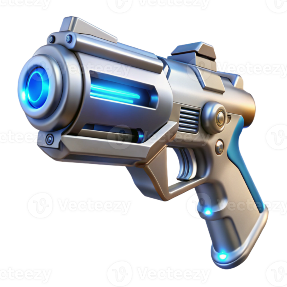 wonderful artistic A futuristic weapon, resembling a sleek, silver pistol with glowing, energy coils, floats in mid-air, illuminated by a cool, blue laser sight.... png