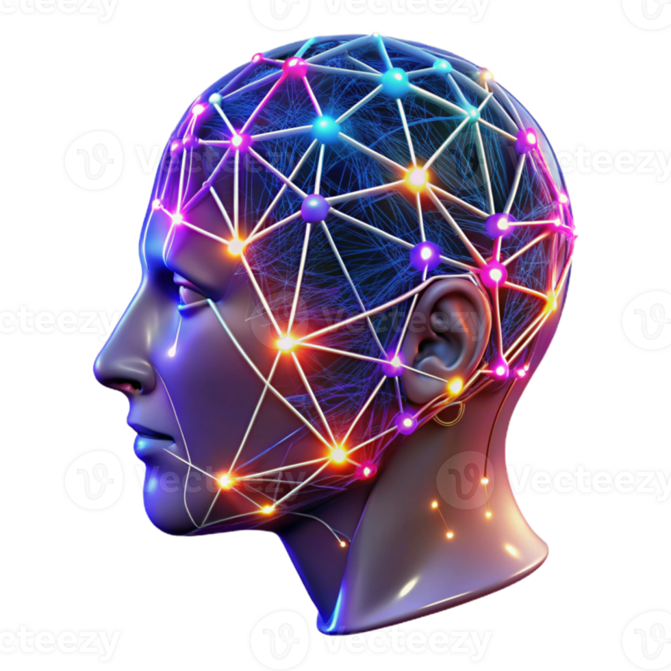 beautiful creative A transparent human head, filled with intricate networks of glowing, neural pathways, illuminated by vibrant, multi-colored lights.... png