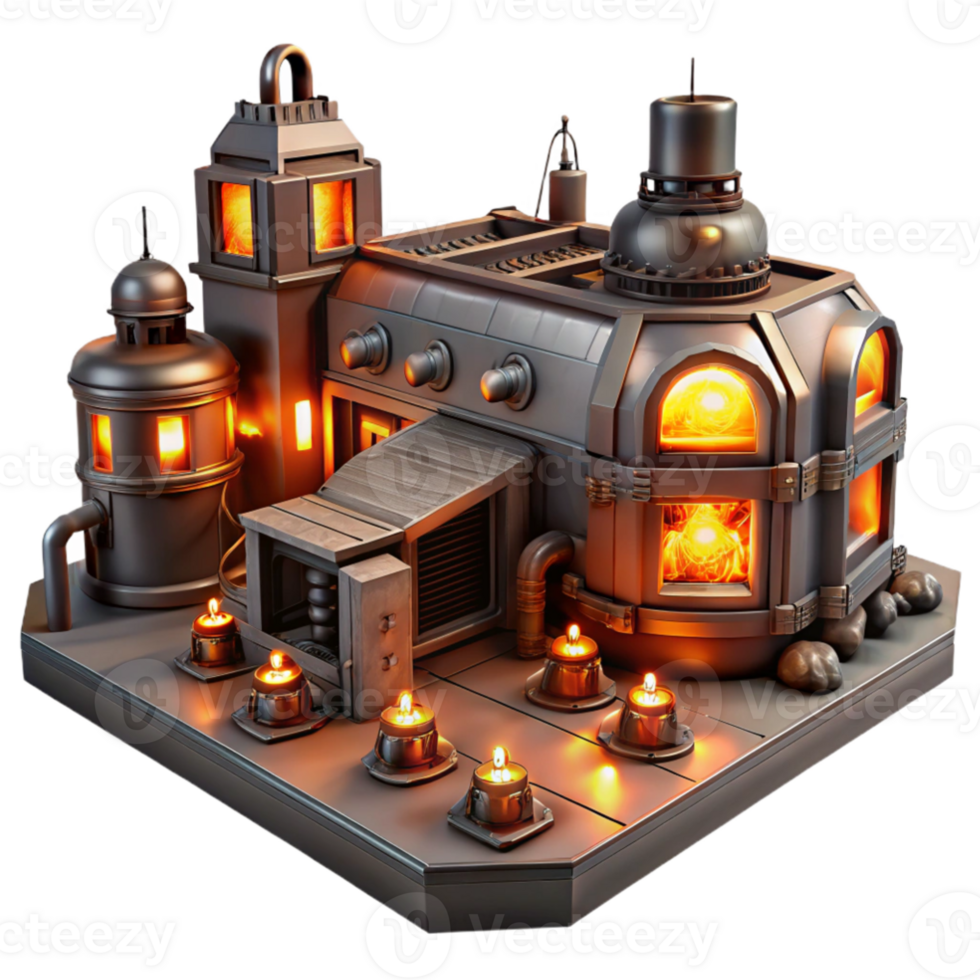 elegant abstract A desolate, robotic factory, filled with rusted machinery and flickering sparks, illuminated by the orange glow of emergency lights. Dystopian style, wide-angle shot 4K png