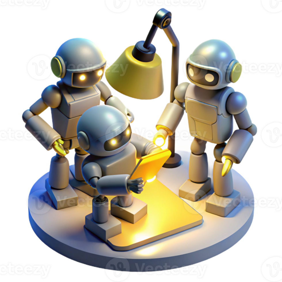 vibrant abstract A group of stylized, low-poly robots, collaborating on a complex engineering project, illuminated by the warm, yellow light of a desk lamp. Low-poly style, isometric view 4K png