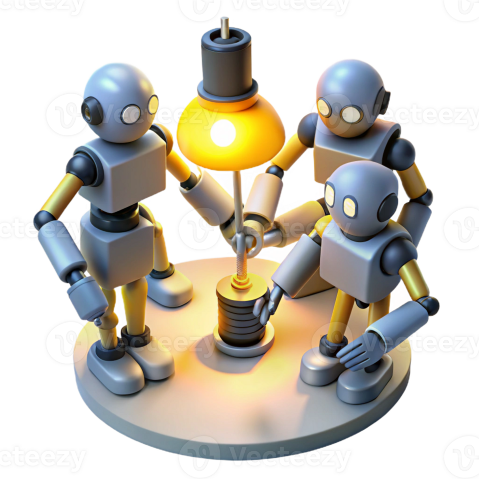 stunning traditional A group of stylized, low-poly robots, collaborating on a complex engineering project, illuminated by the warm, yellow light of a desk lamp. Low-poly style, isometric view detailed png