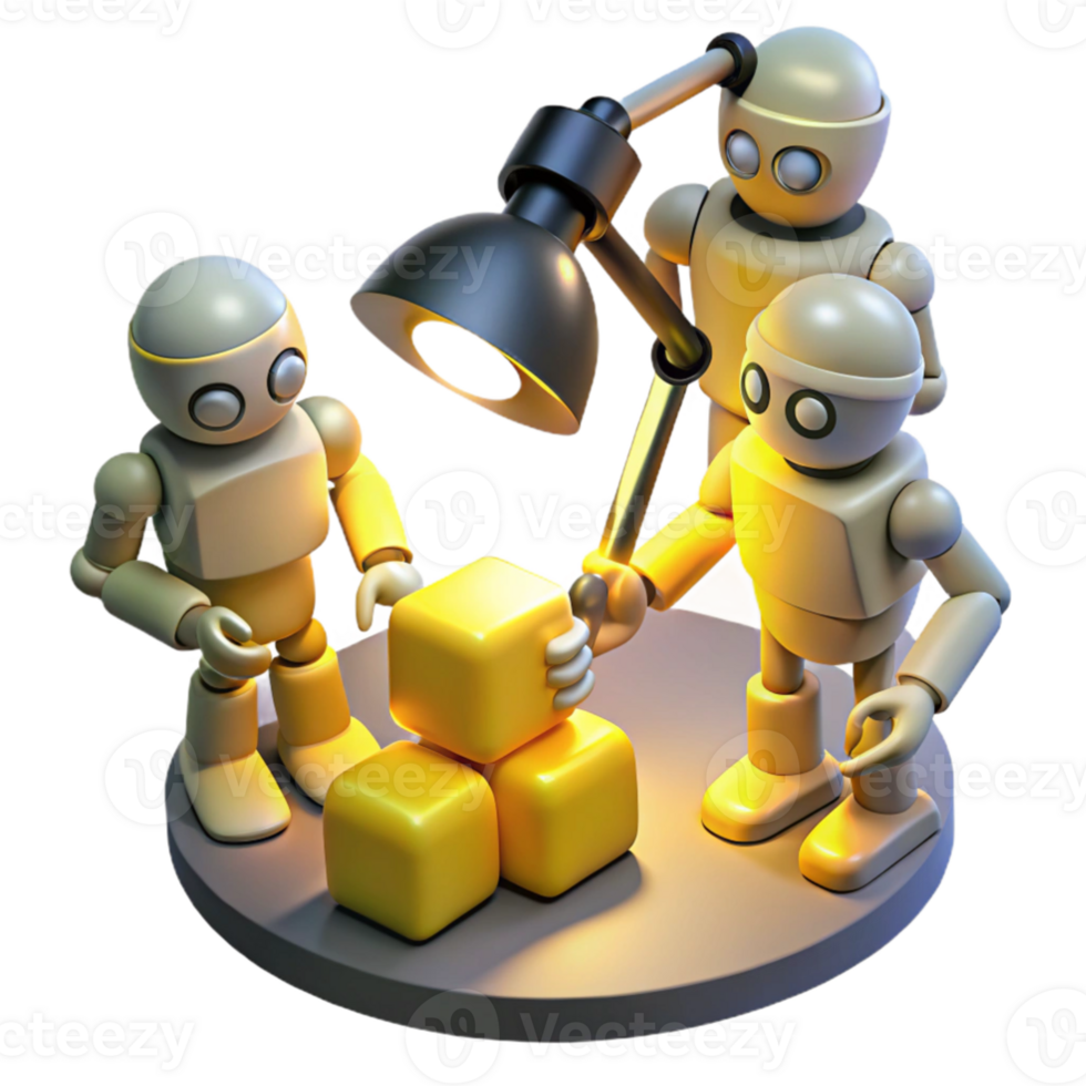 vibrant creative A group of stylized, low-poly robots, collaborating on a complex engineering project, illuminated by the warm, yellow light of a desk lamp. Low-poly style, isometric view exclusive png