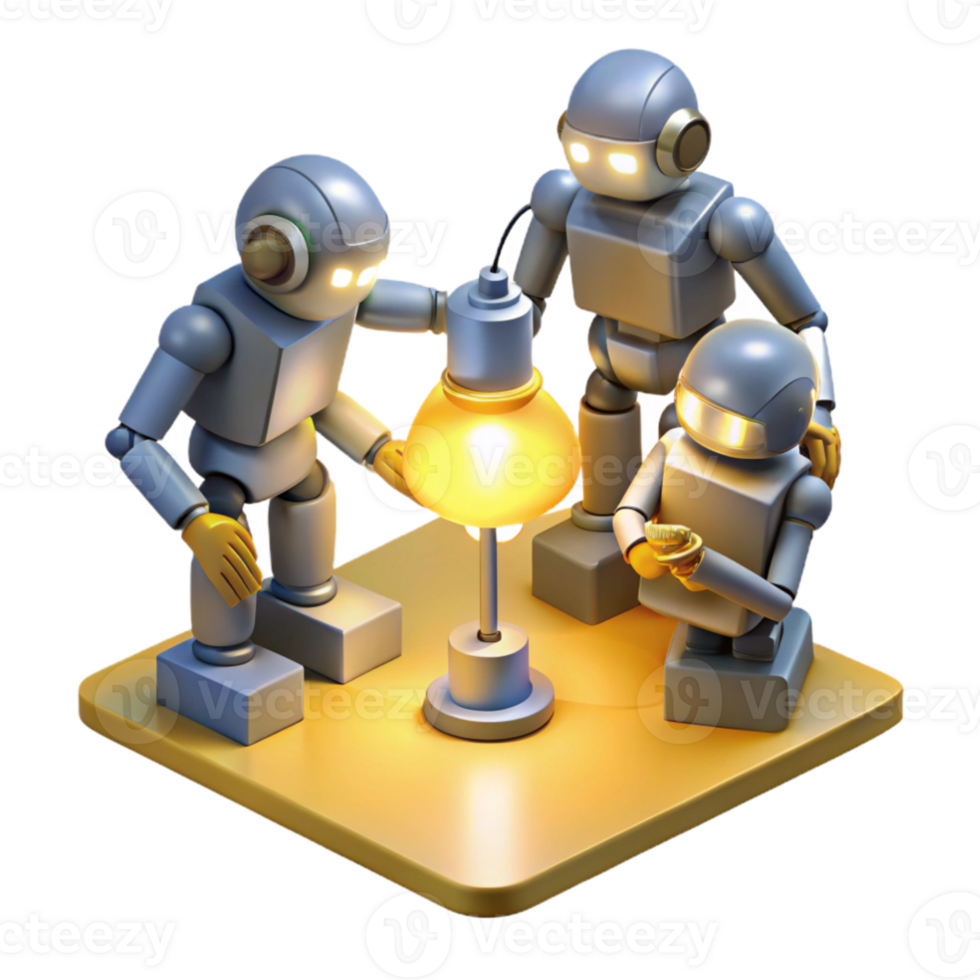 serene abstract A group of stylized, low-poly robots, collaborating on a complex engineering project, illuminated by the warm, yellow light of a desk lamp. Low-poly style, isometric view high quality png