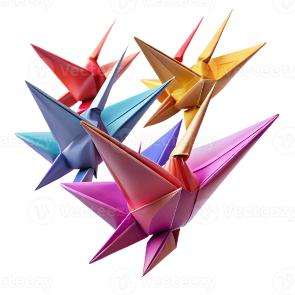 beautiful artistic A flock of origami cranes taking flight, vibrant colors, crisp folds, soft lighting 4K png