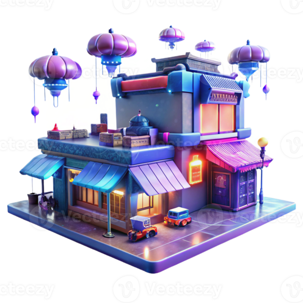 extraordinary modern A bustling cyberpunk marketplace, neon signs in kanji reflecting on wet pavement, flying vehicles zipping through the air, long exposure photography, vibrant colors, gritty... png