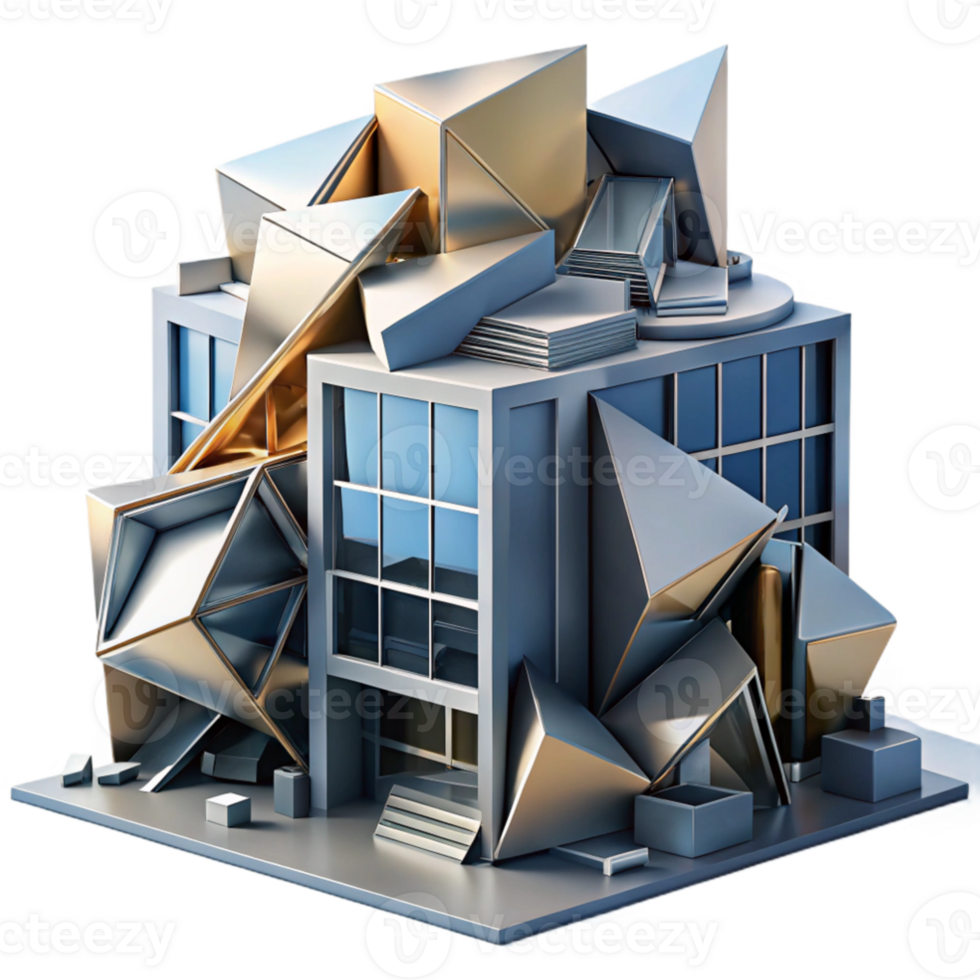impressive minimalist Deconstructivist office building, fragmented forms, metallic surfaces, dramatic lighting, abstract, genuine png