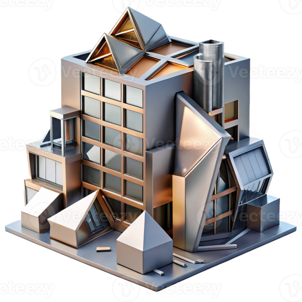 beautiful vintage Deconstructivist office building, fragmented forms, metallic surfaces, dramatic lighting, abstract, authentic png