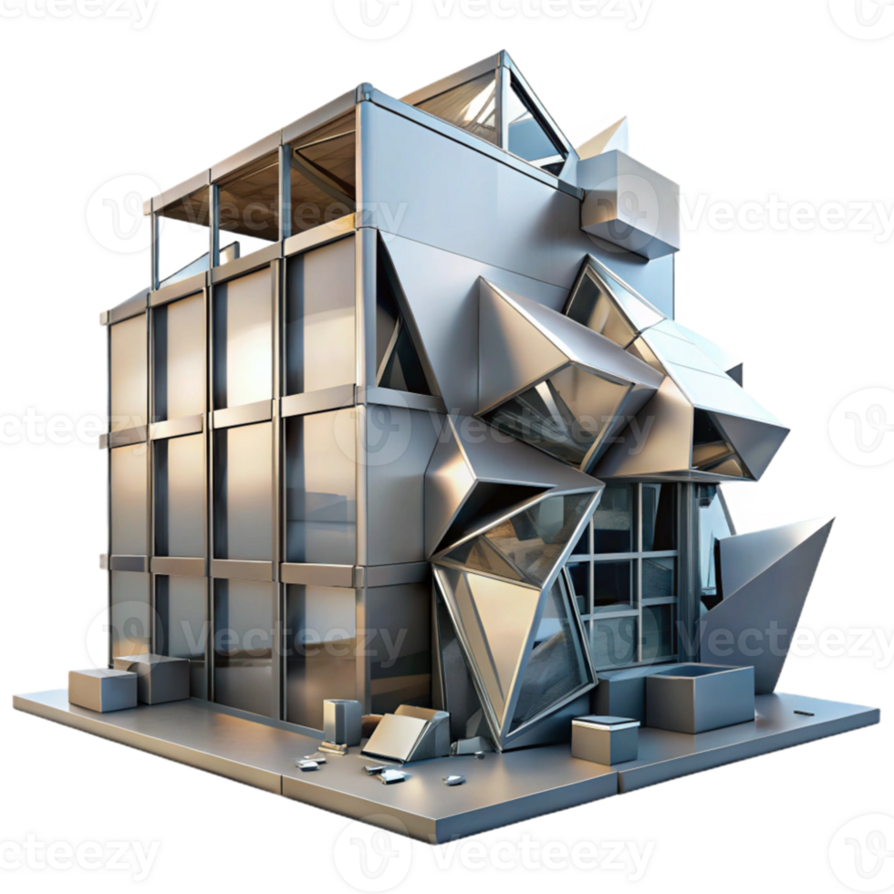 vibrant abstract Deconstructivist office building, fragmented forms, metallic surfaces, dramatic lighting, abstract, 4K png