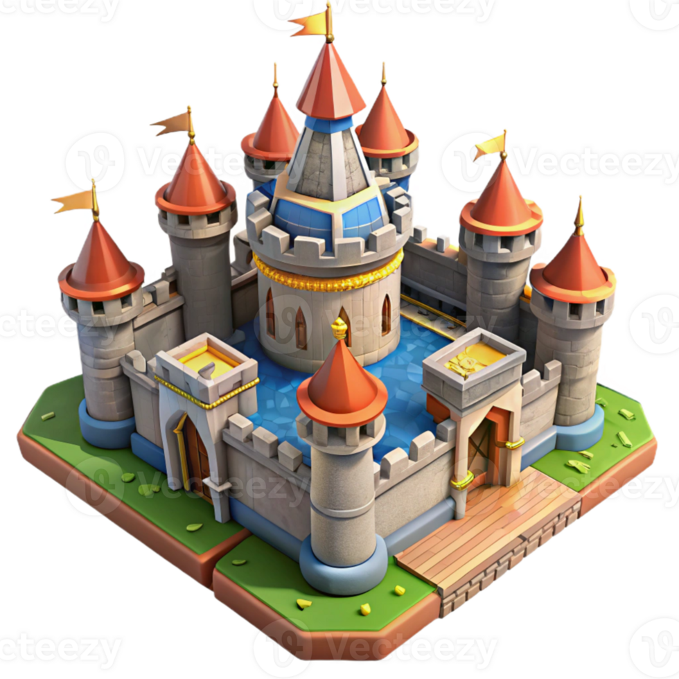 beautiful traditional Isometric view of a medieval castle, detailed stonework, vibrant banners, clear daylight, digital art, authentic png