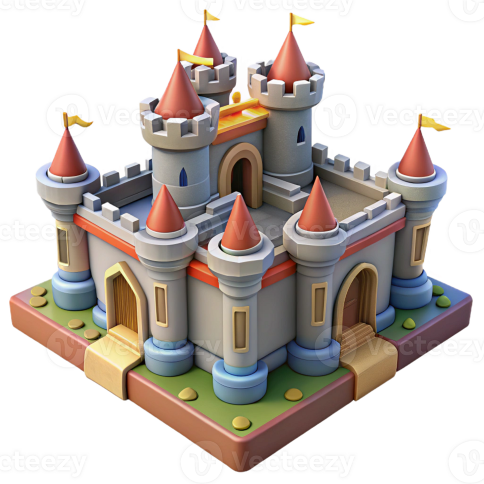 impressive classic Isometric view of a medieval castle, detailed stonework, vibrant banners, clear daylight, digital art, genuine png