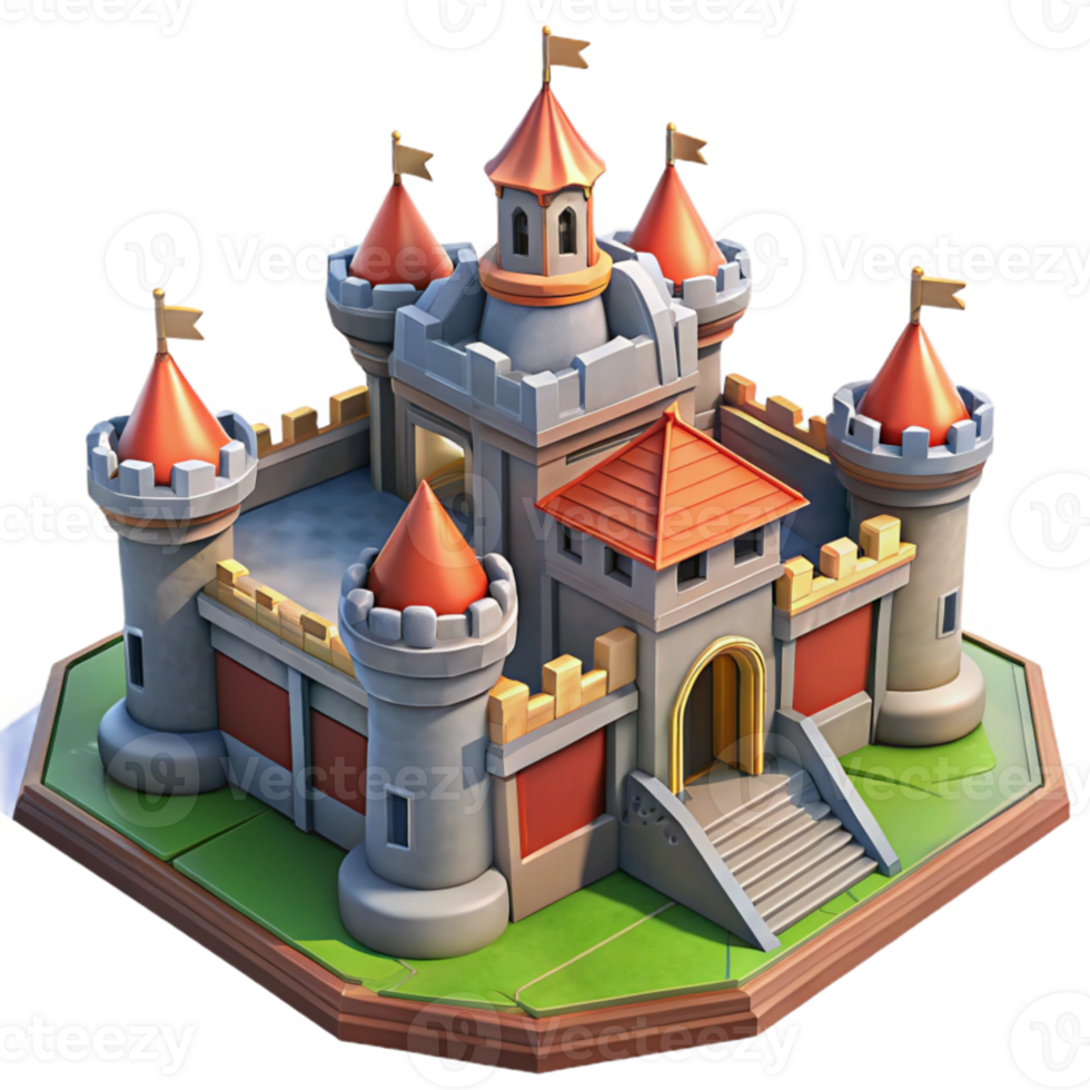 dramatic vintage Isometric view of a medieval castle, detailed stonework, vibrant banners, clear daylight, digital art, exclusive png