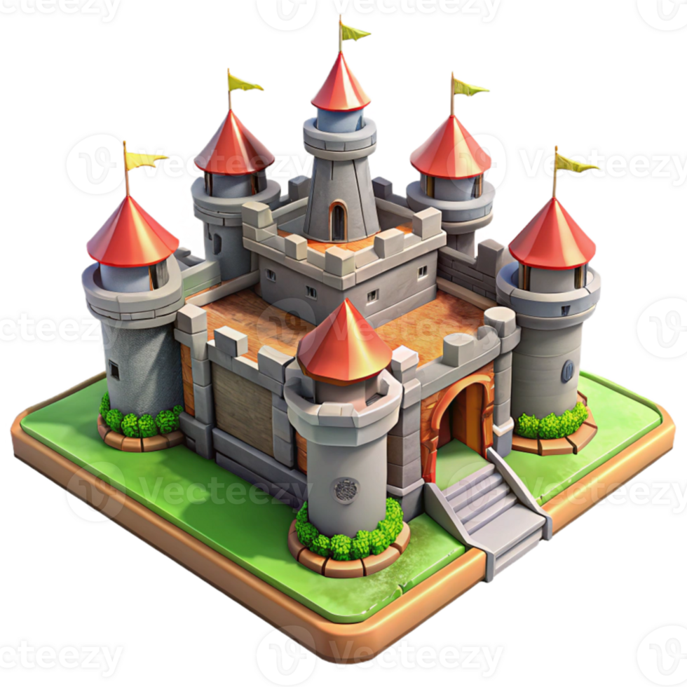 dramatic traditional Isometric view of a medieval castle, detailed stonework, vibrant banners, clear daylight, digital art, detailed png