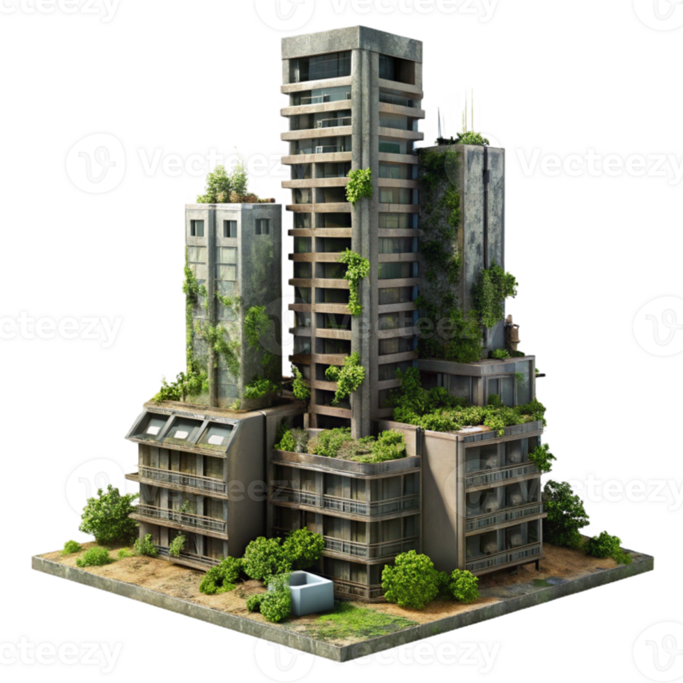 wonderful modern Post-apocalyptic ruins of a skyscraper, overgrown with vegetation, dusty atmosphere, muted colors, dystopian, original png
