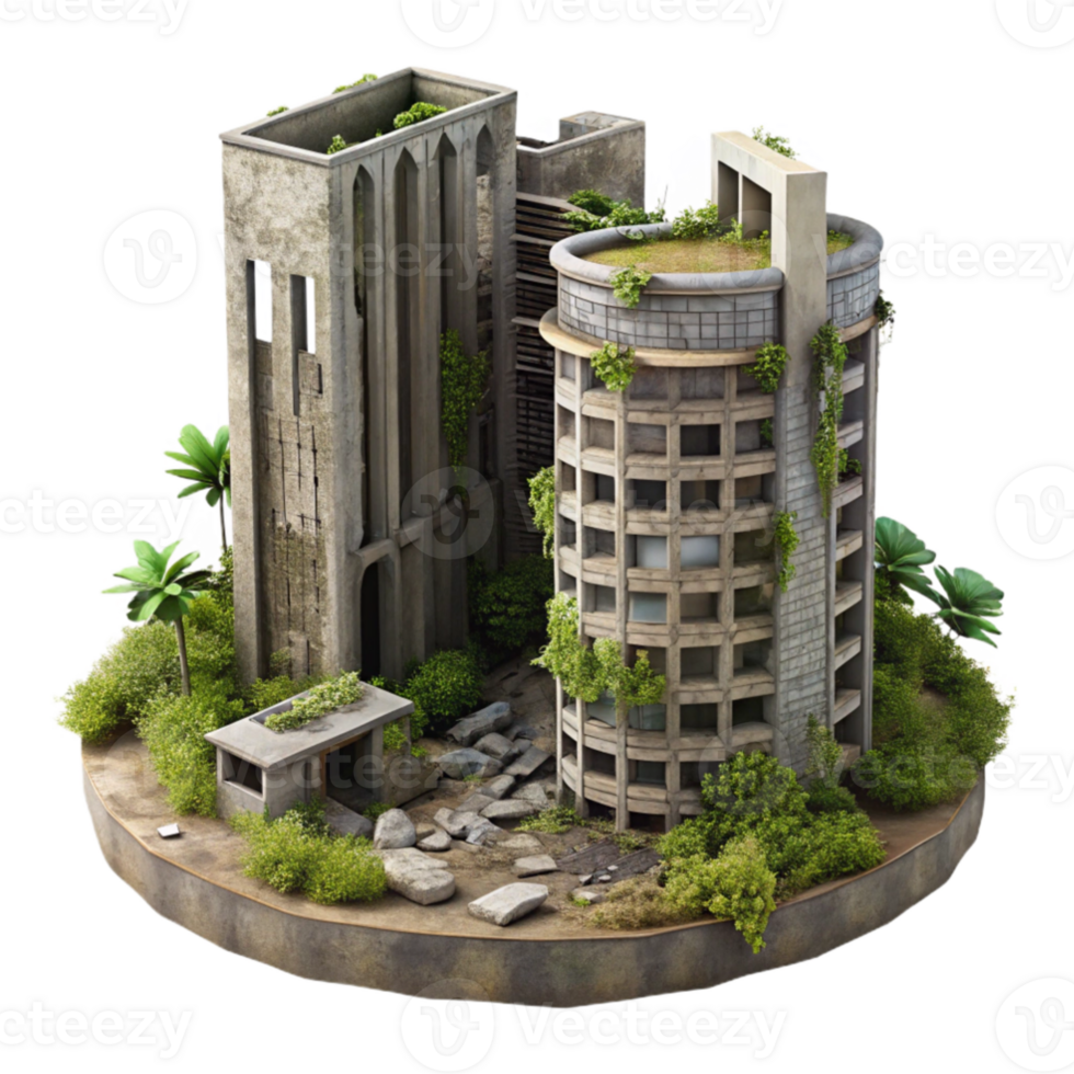 stunning classic Post-apocalyptic ruins of a skyscraper, overgrown with vegetation, dusty atmosphere, muted colors, dystopian, high resolution png