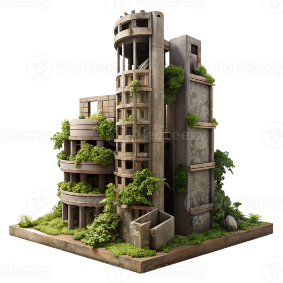vibrant artistic Post apocalyptic ruins of a skyscraper, overgrown with vegetation, dusty atmosphere, muted colors, dystopian, premium png