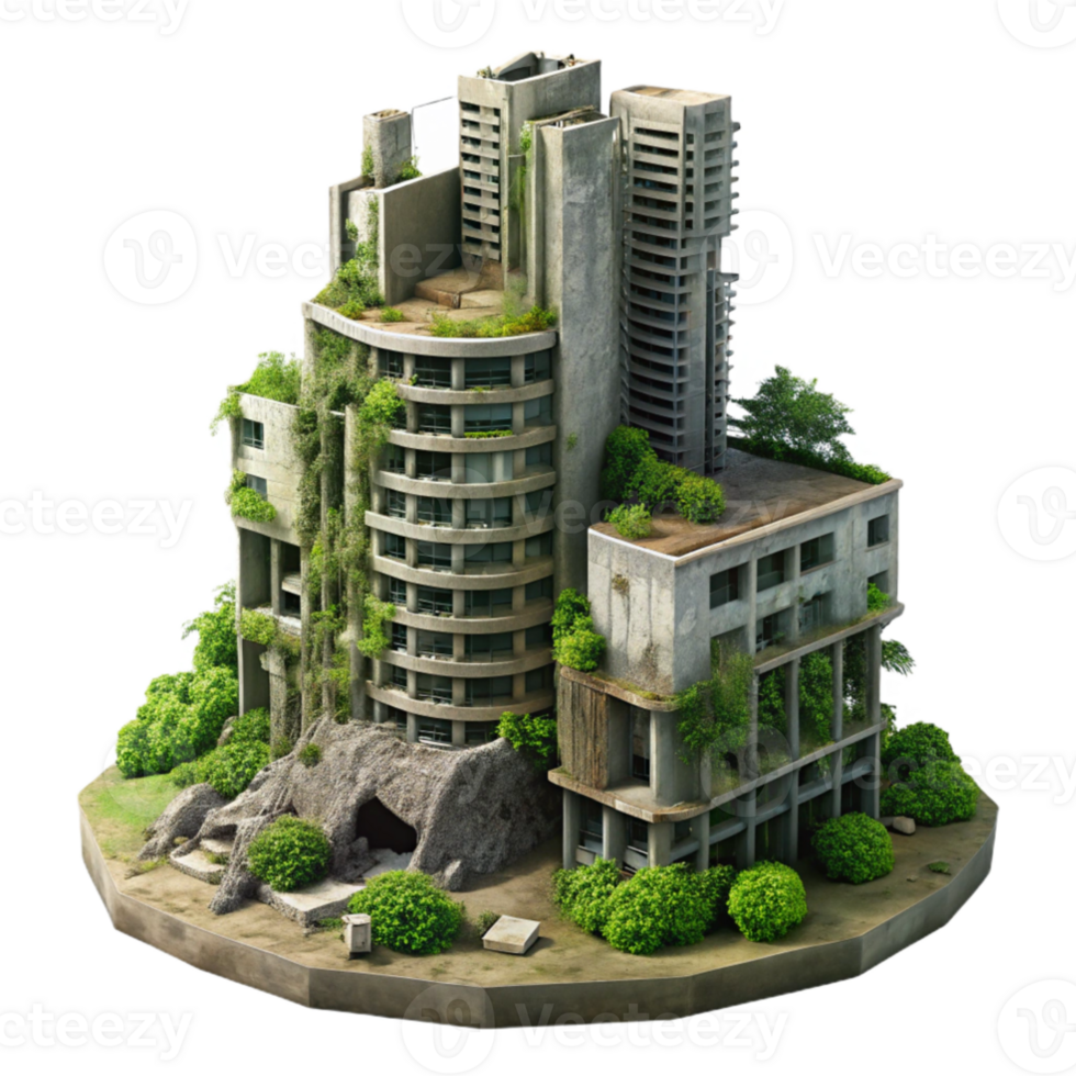 extraordinary rustic Post apocalyptic ruins of a skyscraper, overgrown with vegetation, dusty atmosphere, muted colors, dystopian, original png