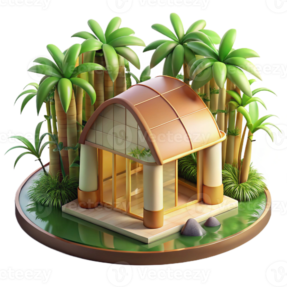 dramatic contemporary Bamboo and glass eco house, lush tropical setting, warm natural light, sustainable design, photorealistic, 4K png
