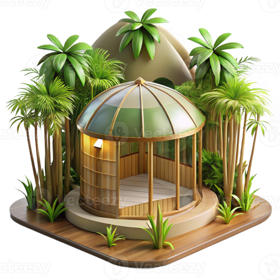 elegant modern Bamboo and glass eco house, lush tropical setting, warm natural light, sustainable design, photorealistic, 4K png